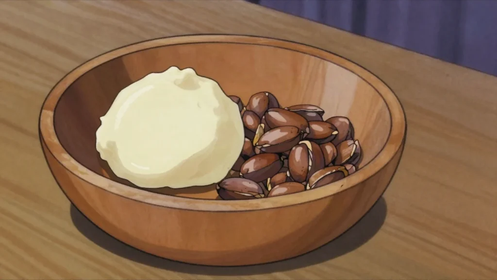 Shea butter, ivory nut butter used for frying and for enriching sauces in villages, Mali sauce & condiment, anime style