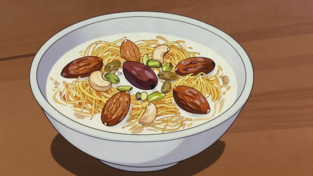 Sheer Khurma, eid vermicelli cooked in milk with dates and nuts, Pakistan dessert, anime style