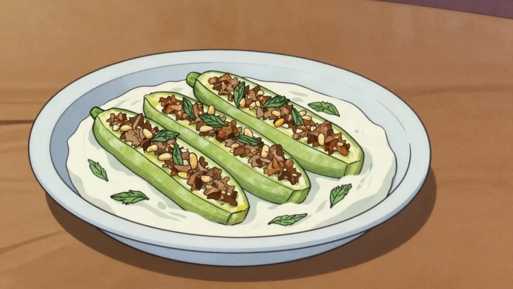 Sheikh al-mahshi, zucchini stuffed with lamb and pine nuts, baked in yogurt sauce, Syria main, anime style