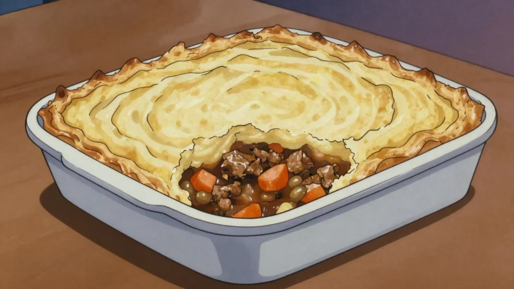 Shepherd's pie, minced lamb in gravy under browned mashed potato, United Kingdom main, anime style