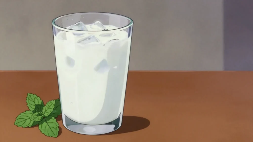 Shinena, salted yoghurt drink served ice-cold with kebabs and rice, Iraq drink, anime style
