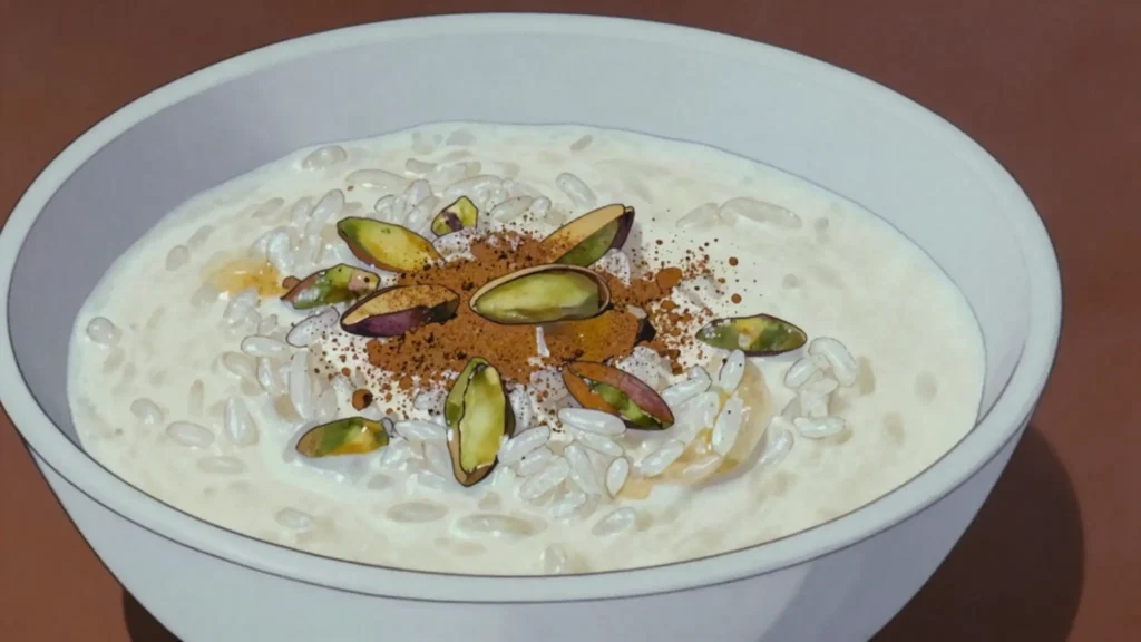 Shir Berenj, slow-simmered milk and rice pudding scented with cardamom, eaten cool, Afghanistan dessert, anime style