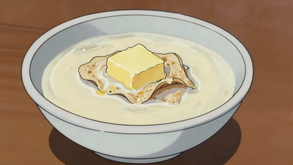Shirchoy, salted milk tea with butter, Pamiri breakfast warmth, Tajikistan drink, anime style
