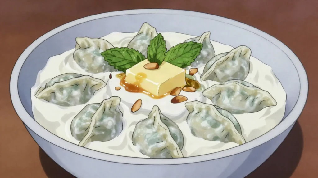 Shish barak, meat dumplings simmered in hot yogurt sauce, Jordan main, anime style