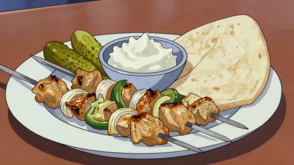 Shish taouk, garlicky yogurt-marinated chicken skewers served with toum, Lebanon main, anime style