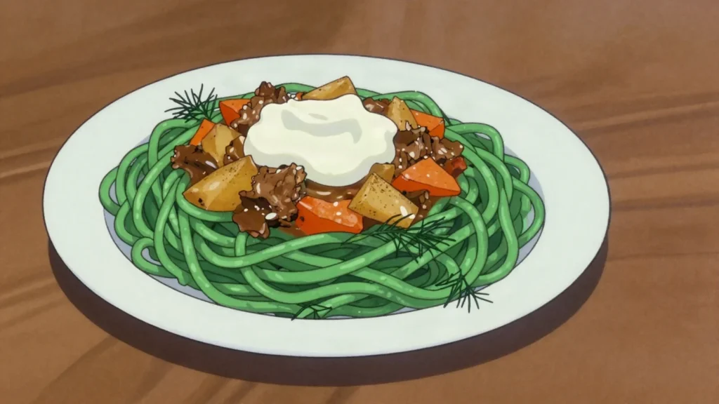 Shivit oshi, bright green dill noodles topped with meat and vegetable stew, Uzbekistan main, anime style