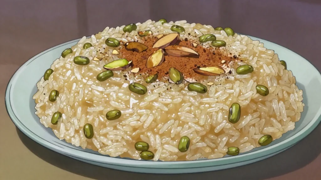 Sholeh Ghorbandi, sticky sweetened rice cooked with mung beans and cardamom, served warm, Afghanistan dessert, anime style