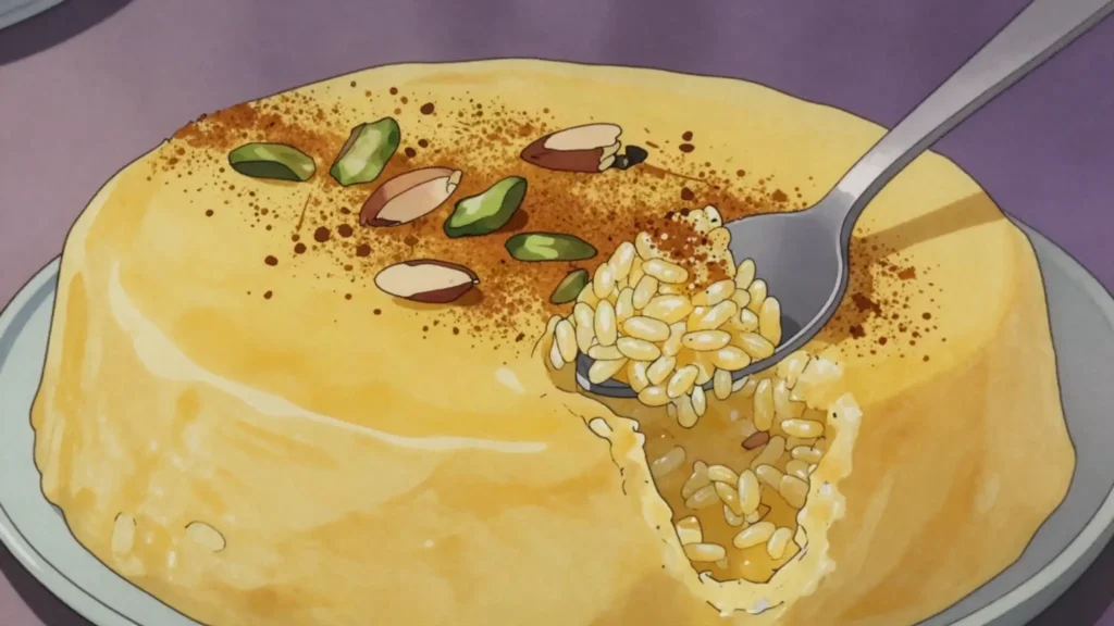 Sholeh zard, saffron rice pudding decorated with cinnamon and almonds; votive offering, Iran dessert, anime style