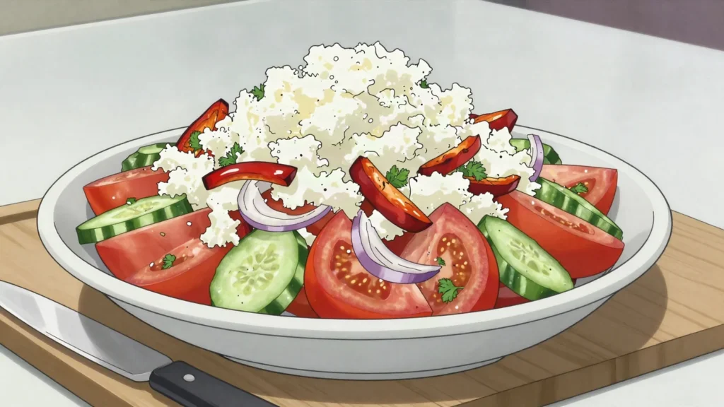 Shopska salad, tomato, cucumber, onion under grated white sirene, North Macedonia salad & side, anime style
