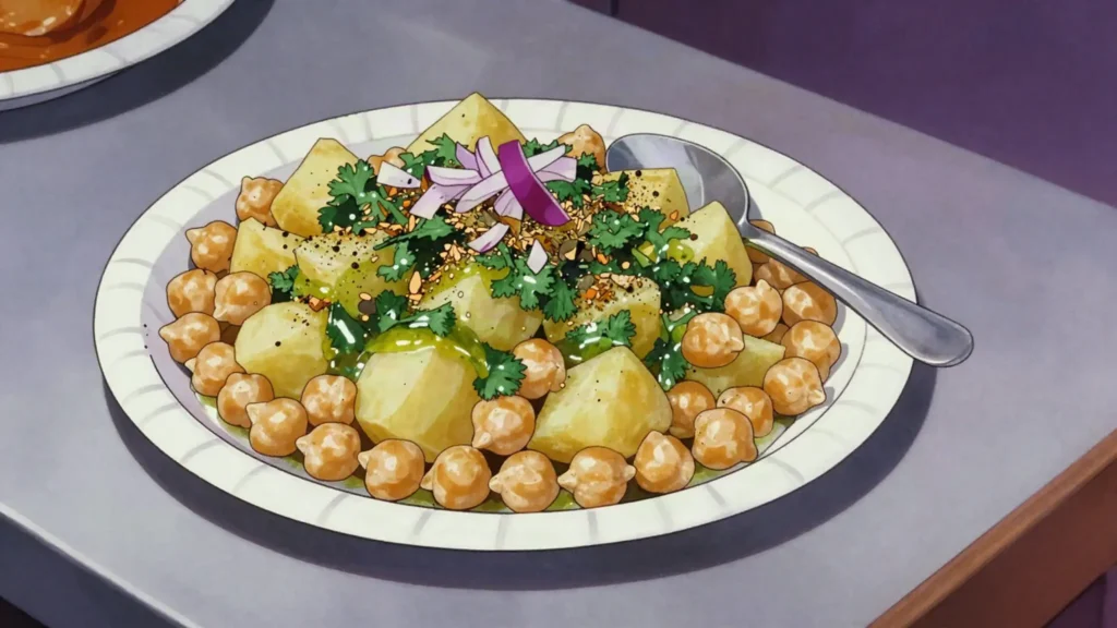 Shor Nakhod, cold chickpeas with potato, coriander and vinegar chutney, sold from, Afghanistan street food, anime style