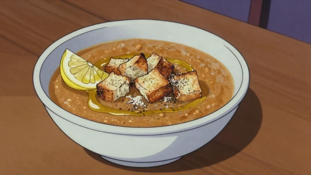 Shorbat adas, red lentil soup with cumin and lemon; Ramadan opener, Palestine soup & stew, anime style