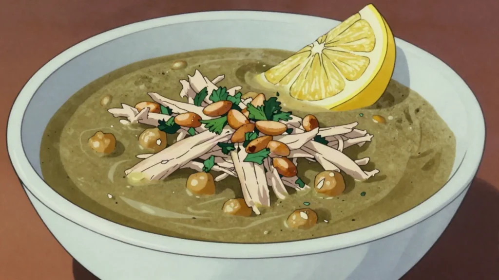 Shorbat freekeh, smoked green wheat soup with chicken; Ramadan staple, Jordan soup & stew, anime style