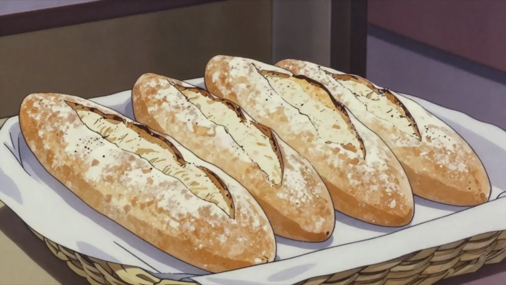 Shotis puri, canoe-shaped white loaf slapped onto the wall of a clay tone oven, Georgia bread & pastry, anime style