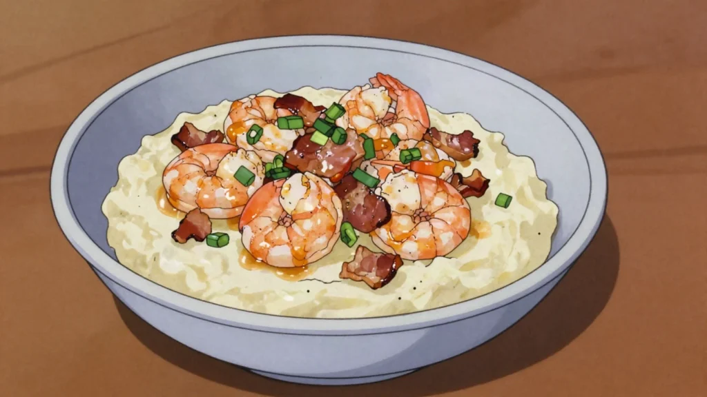 Shrimp and grits, lowcountry creamy corn grits topped with sautéed shrimp, United States main, anime style