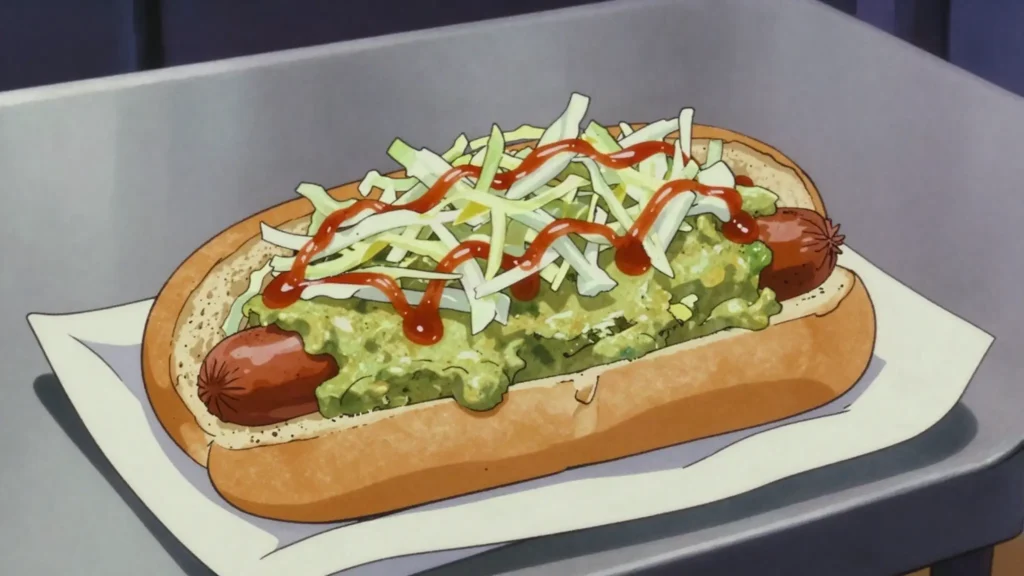 Shucos, guatemalan hot dogs with guacamole, cabbage, and salsas, Guatemala street food, anime style