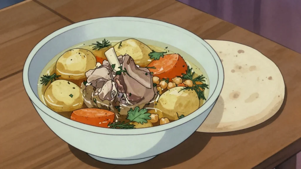 Shurbo, slow lamb soup with potato and chickpeas, Tajikistan soup & stew, anime style