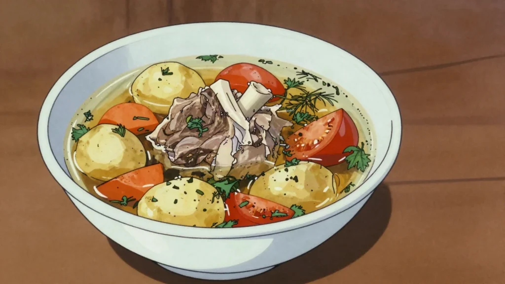 Shurpa, long-simmered lamb and vegetable soup, Uzbekistan soup & stew, anime style