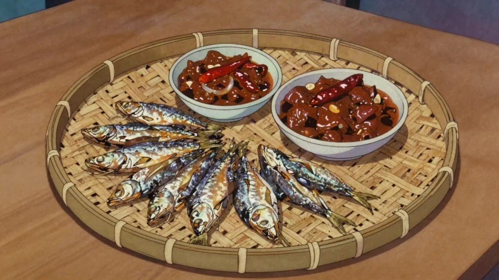 Shutki, sun-dried salted river and sea fish, cooked into pungent curries and, Bangladesh charcuterie & cured, anime style