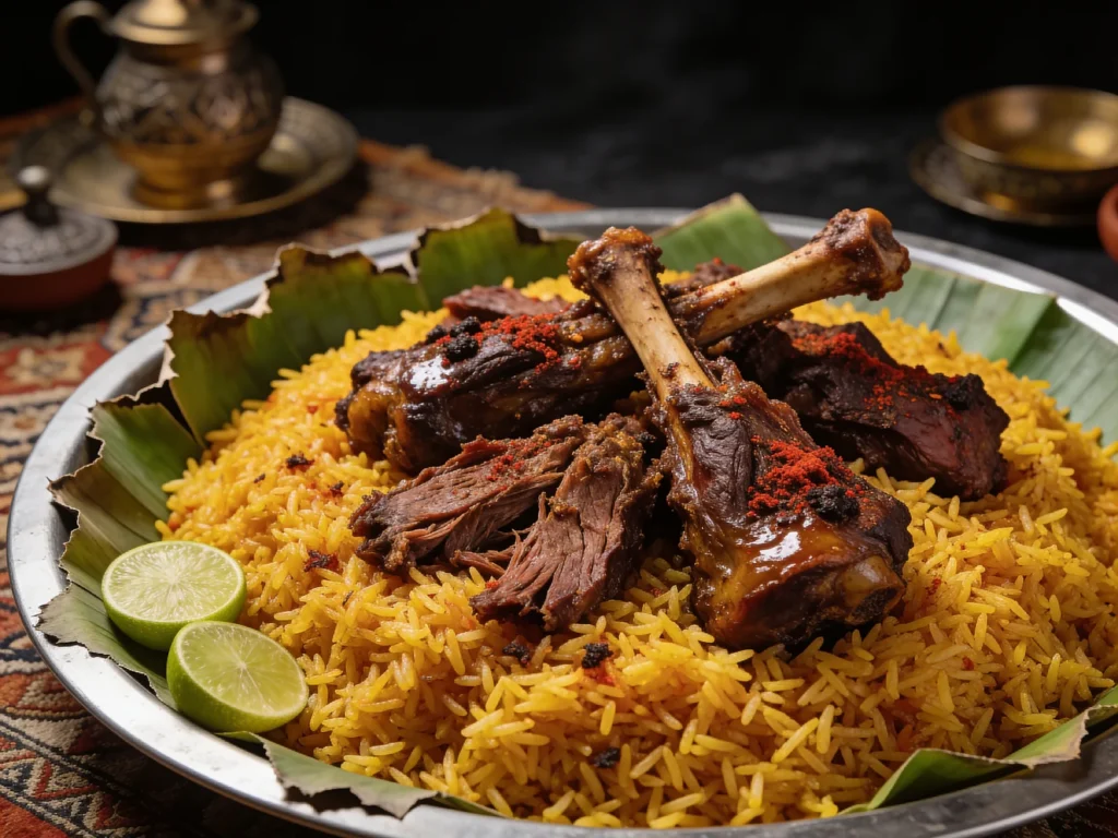 Shuwa, banana-leaf-wrapped spiced lamb buried over embers for days; Eid ritual, Oman main, anime style