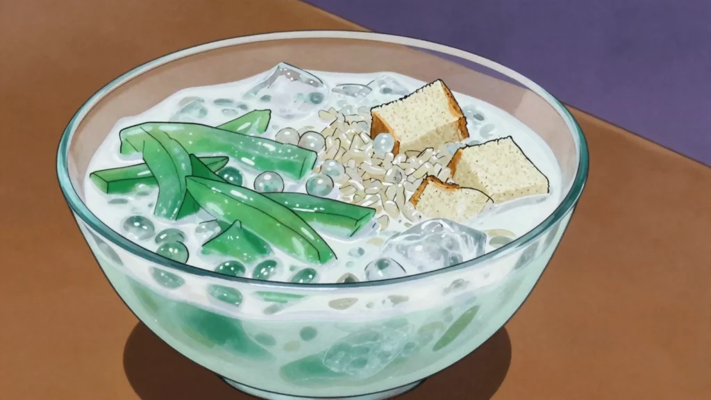 Shwe Yin Aye, coconut milk dessert with sago, jelly and bread over ice, Myanmar dessert, anime style