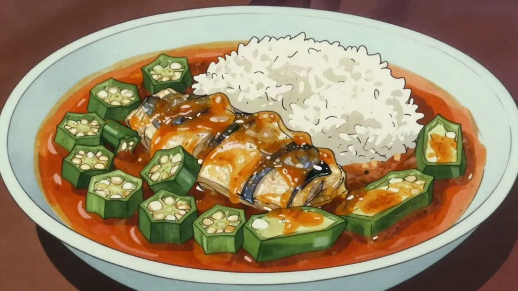 Siga, okra and djagatu eggplant stewed in red palm oil with fish or meat, Guinea-Bissau main, anime style