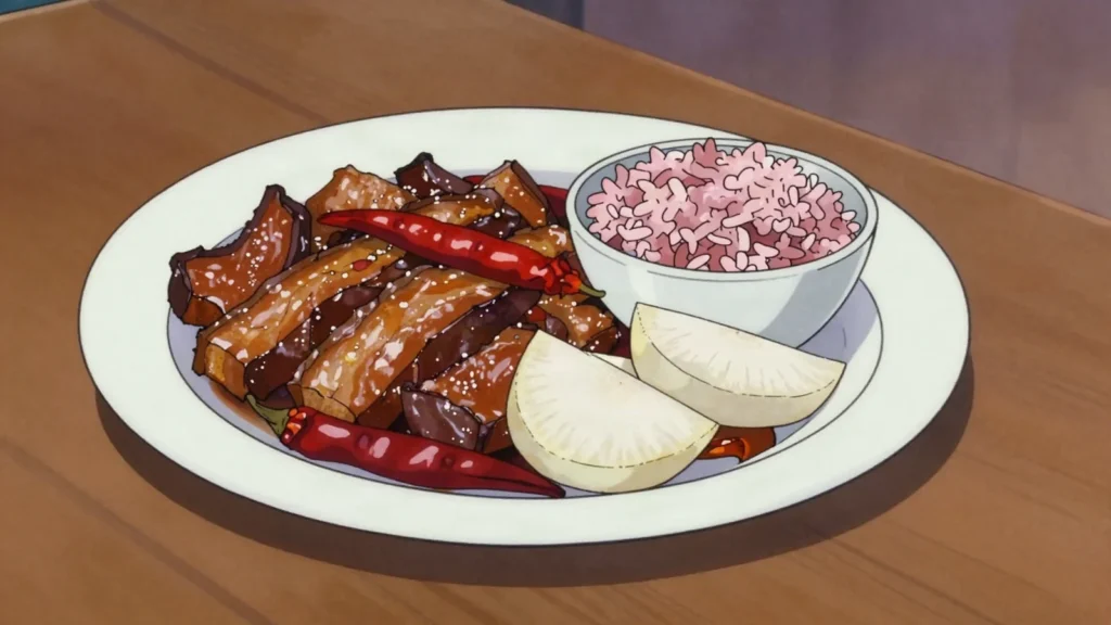 Sikam Paa, dried pork belly stir-fried with dried chillies and radish, chewy and, Bhutan charcuterie & cured, anime style
