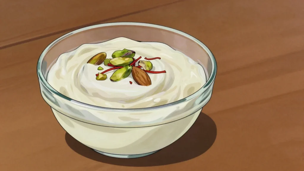 Sikarni, strained yoghurt whipped with sugar, cardamom, saffron and chopped nuts, Nepal dessert, anime style