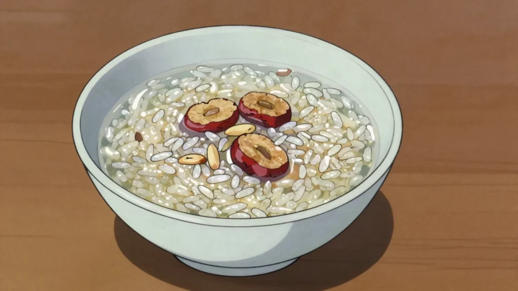 Sikhye, sweet cloudy rice punch with floating grains, served ice-cold after meals, South Korea drink, anime style