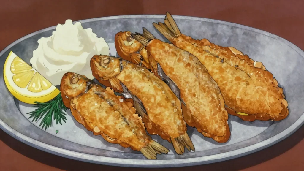 Silakka, small Baltic herring floured, fried and eaten whole with mashed potato, Finland main, anime style