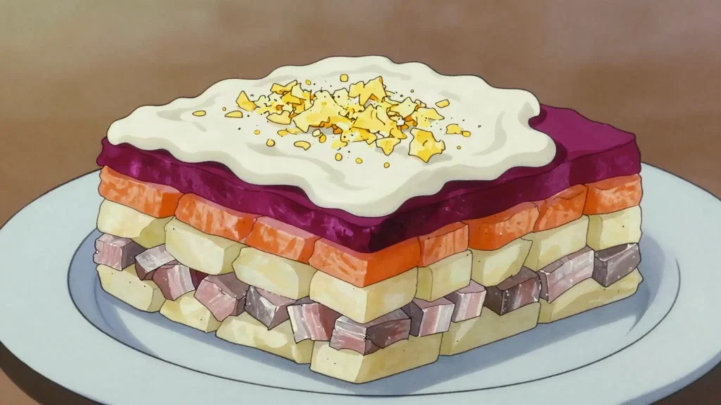 Silķe kažokā, layered salad of herring under beetroot, potato and mayonnaise, Latvia salad & side, anime style