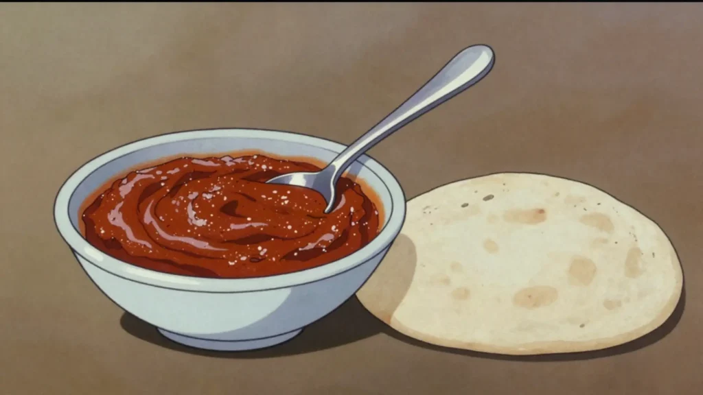 Silsi, slow-fried tomato, onion and berbere sauce eaten with injera or kitcha, Eritrea sauce & condiment, anime style