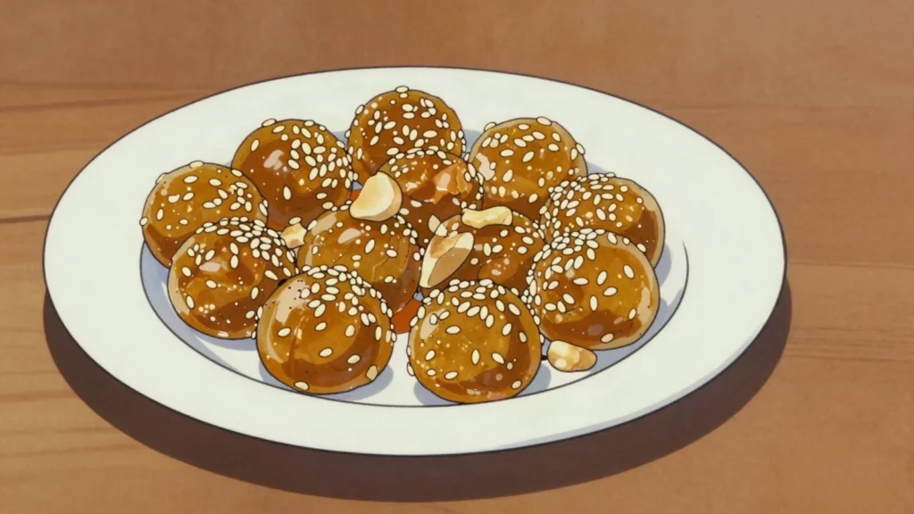 Sim sim balls, sesame seeds bound with caramelised sugar into hard sweet bars, Uganda snack, anime style