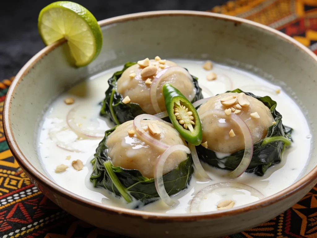 Simboro, grated cassava dumplings wrapped in slippery cabbage leaves, poached in coconut, Solomon Islands main, anime style