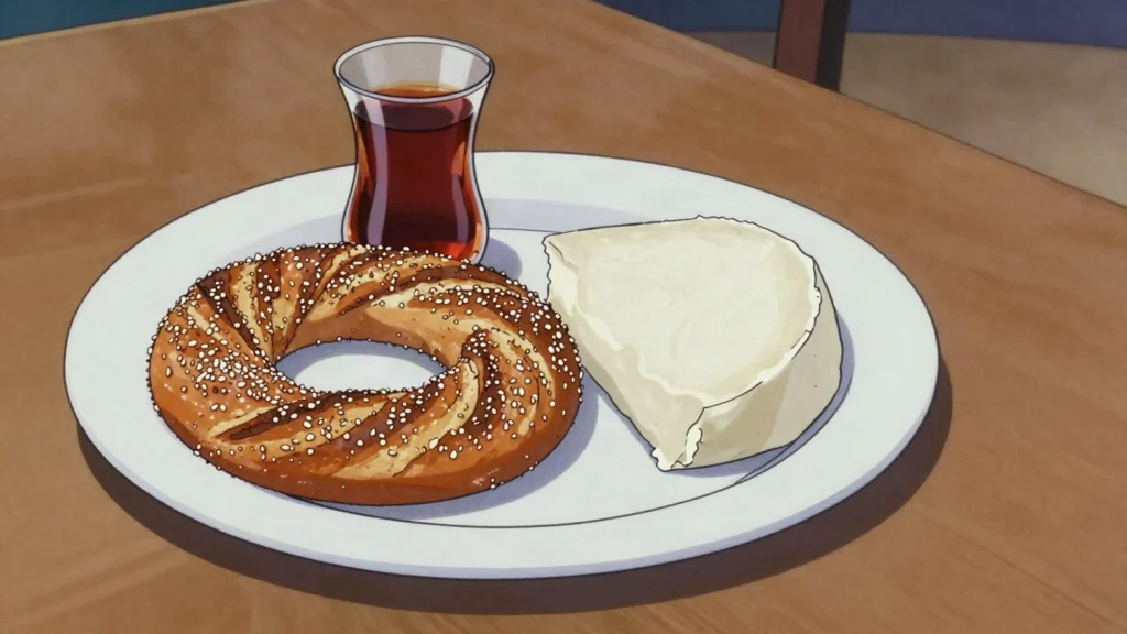 Simit, sesame-crusted bread ring sold from carts; eaten with tea and cheese, Turkey street food, anime style