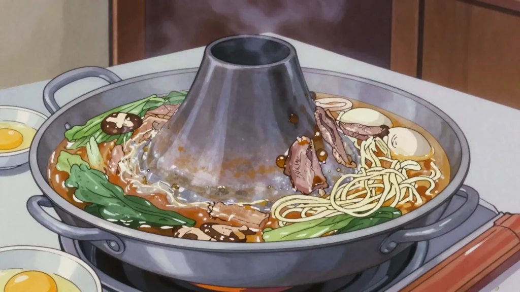 Sin Dat, table-top dome grill where meat cooks on top while broth simmers in the moat, Laos main, anime style