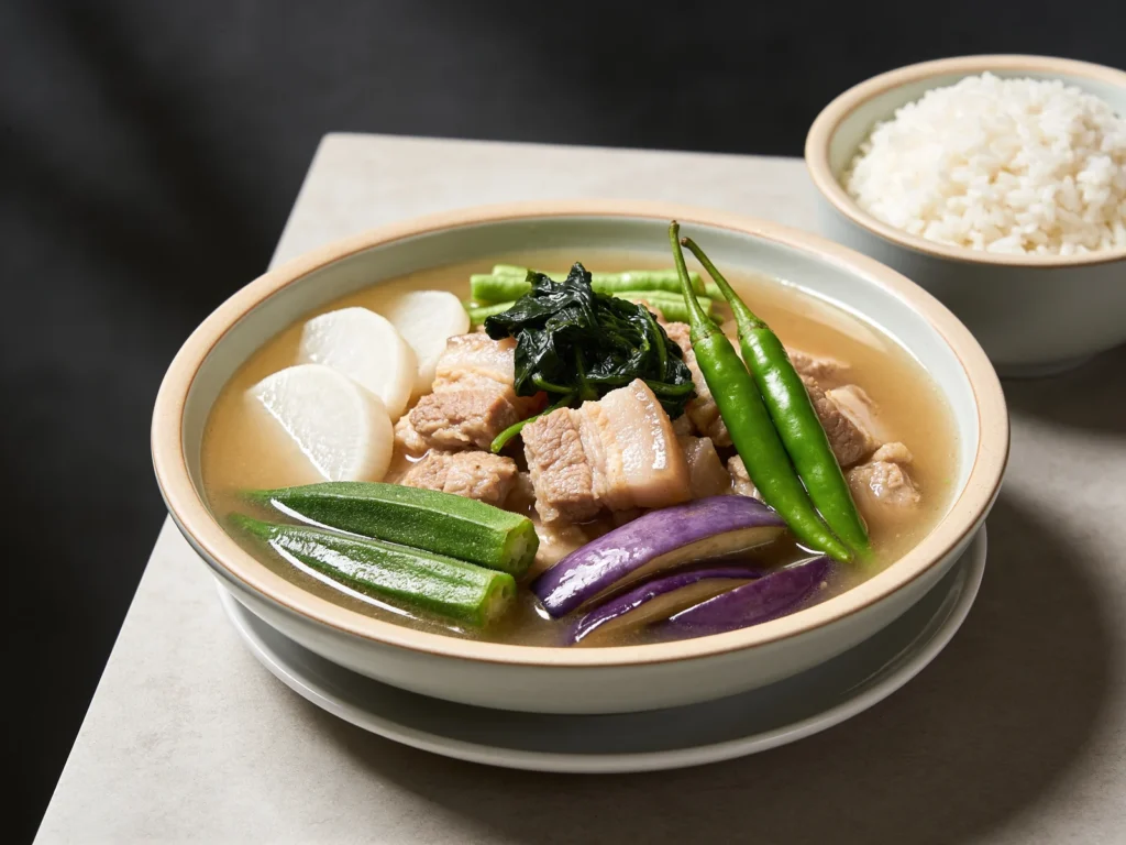 Sinigang, sour tamarind soup with pork or shrimp and vegetables, Philippines soup & stew, anime style