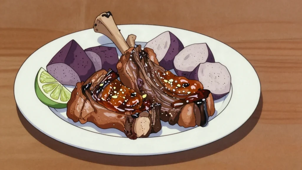 Sipi, fatty mutton flaps grilled or stewed with taro leaves and coconut cream, Tonga main, anime style