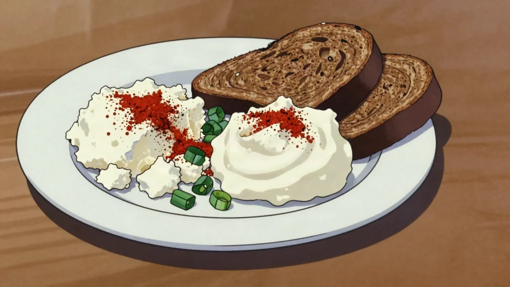 Sir i vrhnje, fresh crumbly cheese with sour cream, spread on bread with paprika, Croatia cheese & dairy, anime style
