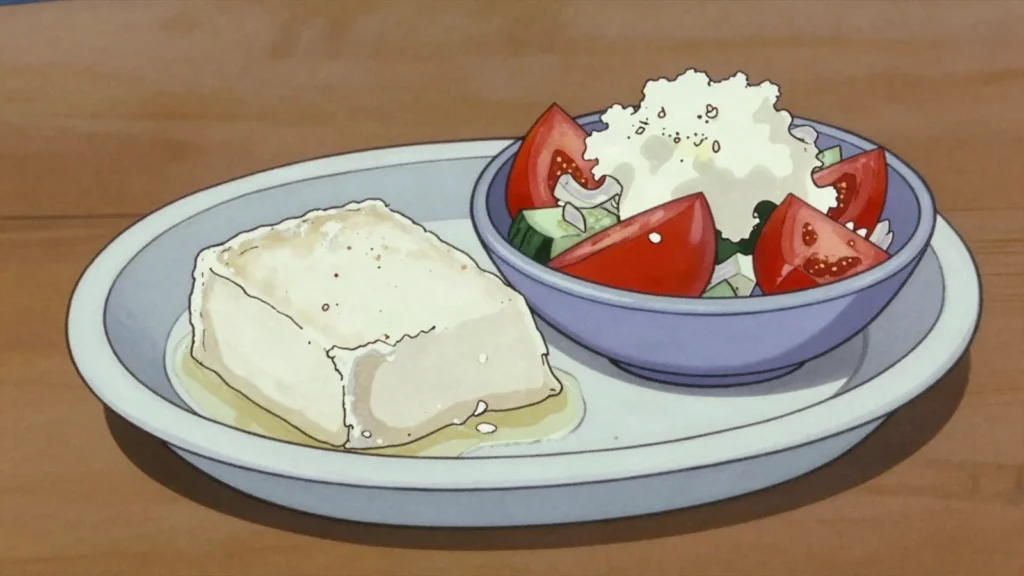 Sirene, white brined cheese crumbled over salads and baked into pastries, Bulgaria cheese & dairy, anime style