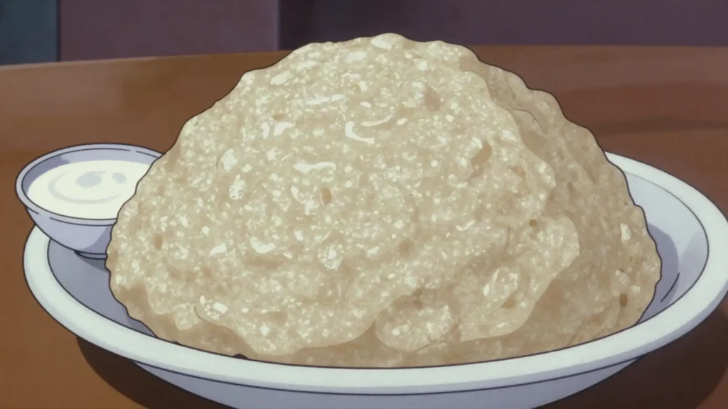 Sishwala, thick maize and sorghum porridge eaten with meat or sour milk, Eswatini main, anime style