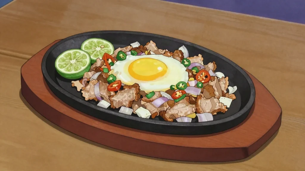 Sisig, sizzling chopped pork face and chicken liver with calamansi and chili, Philippines main, anime style