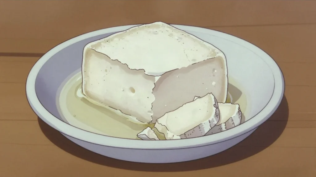 Sjenički sir, white brined cheese from the high Pešter plateau, salty and crumbly, Serbia cheese & dairy, anime style