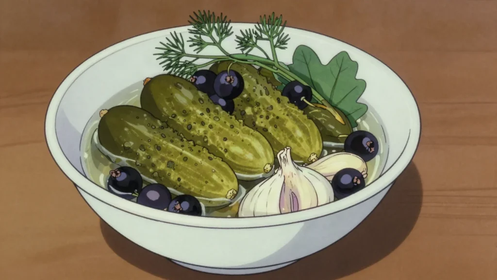Skābēti gurķi, cucumbers soured in brine with dill, blackcurrant and oak leaves, Latvia fermented & pickled, anime style