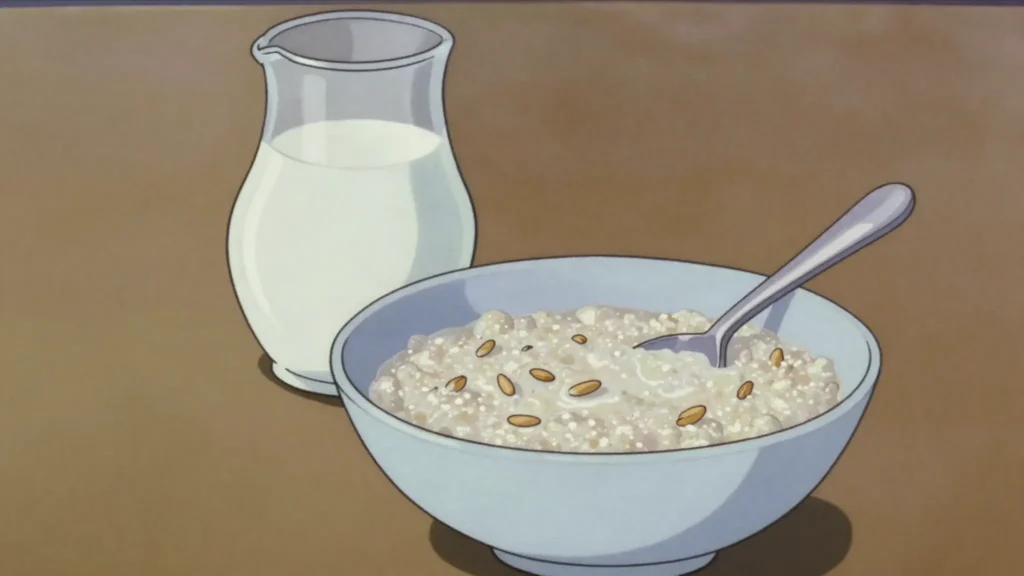 Skābputra, soured barley porridge thinned with milk, eaten cold in summer, Latvia soup & stew, anime style