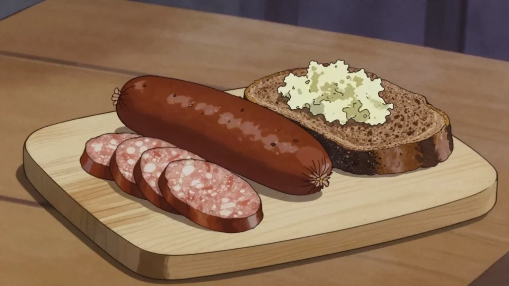 Skilandis, smoked, dried sausage stuffed into a pig's stomach, sliced thin, Lithuania charcuterie & cured, anime style