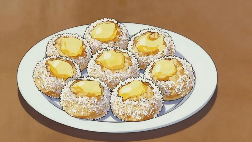 Skolebrød, cardamom bun with a vanilla custard centre, iced and rimmed with coconut, Norway bread & pastry, anime style