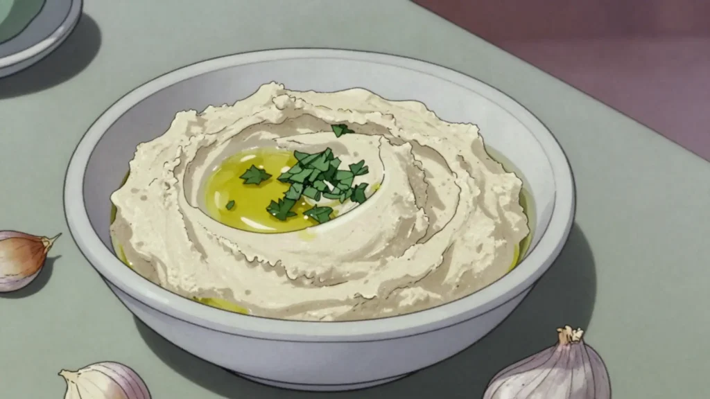 Skordalia, thick garlic purée bound with potato, bread or almonds, Greece sauce & condiment, anime style