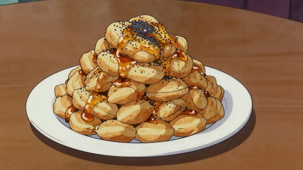 Skruzdėlynas, anthill cake of fried dough strips heaped with honey and poppy seeds, Lithuania dessert, anime style