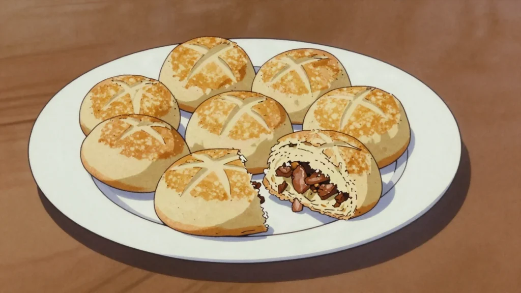 Škvarkové pagáče, small savoury scones studded with pork crackling, eaten with beer or wine, Slovakia snack, anime style