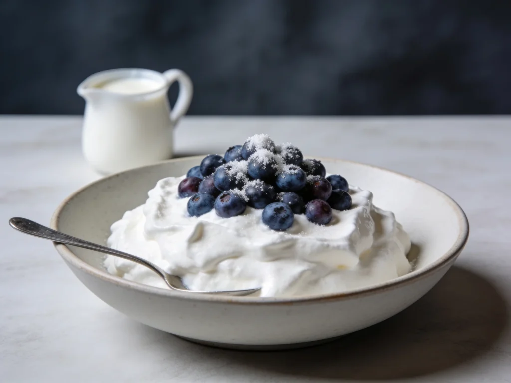 Skyr, thick tangy cultured dairy with berries or cream, Iceland cheese & dairy, anime style